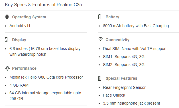 Realme C35 key features