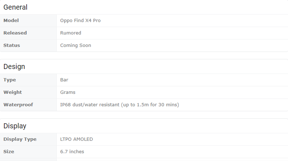 Oppo Find X4 Pro 8 Gen Specifications