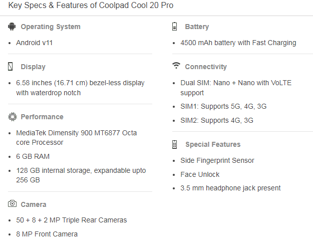 Coolpad Cool 20 Pro Key Specification 